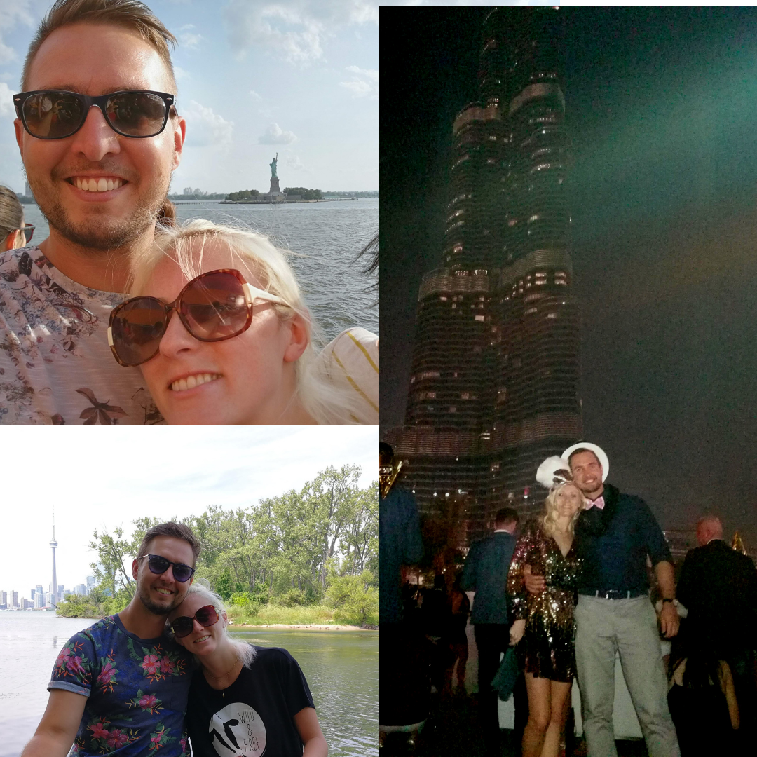 Amelia & TJ photographed with the Statue of Liberty, CN Tower, and Burj Khalifa